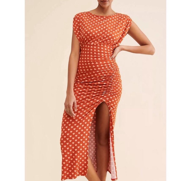 FREE PEOPLE Lakeside Heart MIDI Dress Orange High gathered Slit EUC Size small - Picture 2 of 9